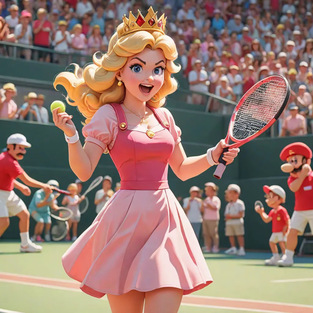 a cartoon tennis player in a pink dress holding a tennis ball and a racket in her hand while a crowd watches, sots art, concept art, disney, official art