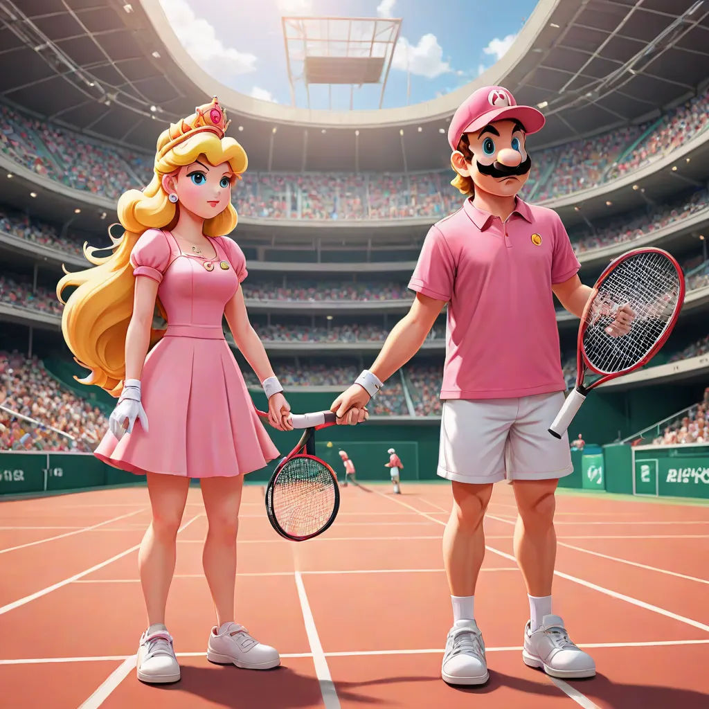 a man and a woman holding tennis rackets on a tennis court with a crowd of people in the background, hyperrealism, a photorealistic painting, Chris LaBrooy, official art