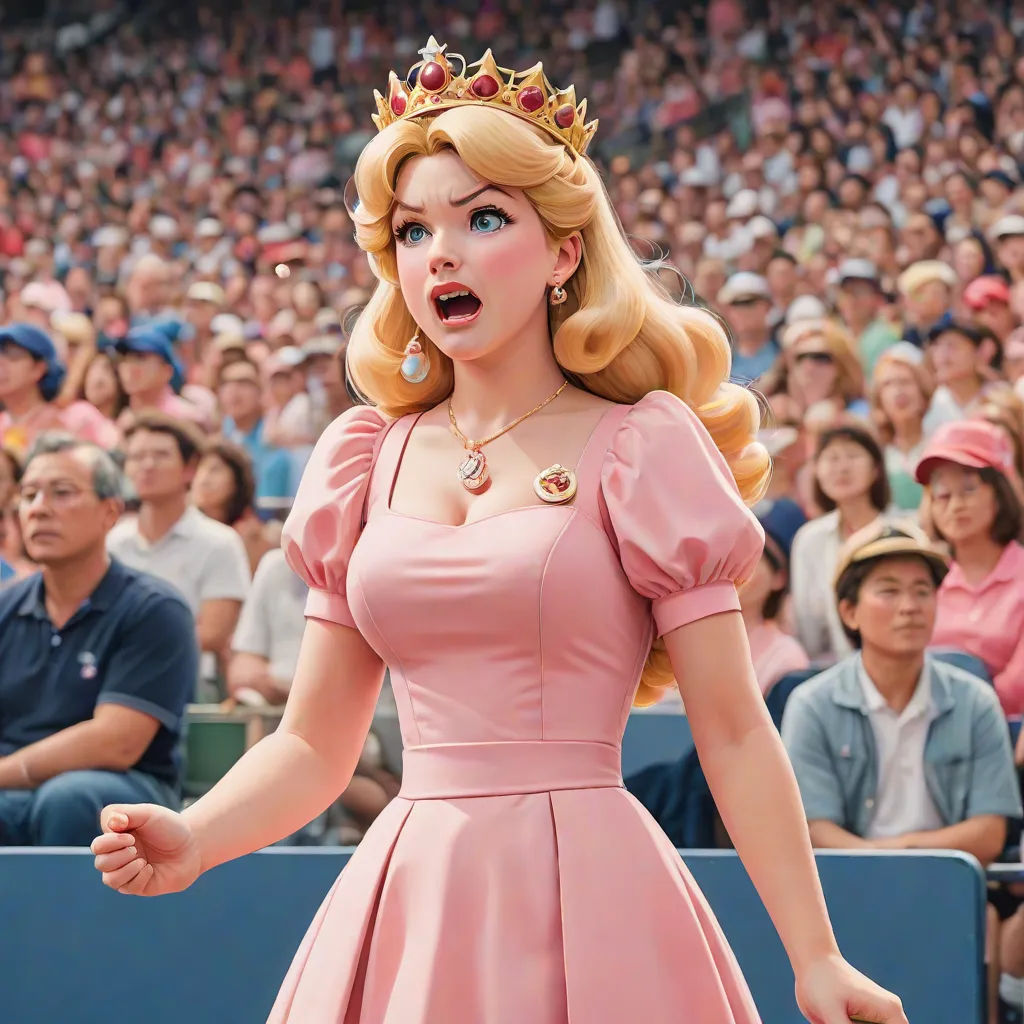a woman in a pink dress with a crown on her head and a crowd of people behind her watching, photorealism, a colorized photo, disney, photoreal