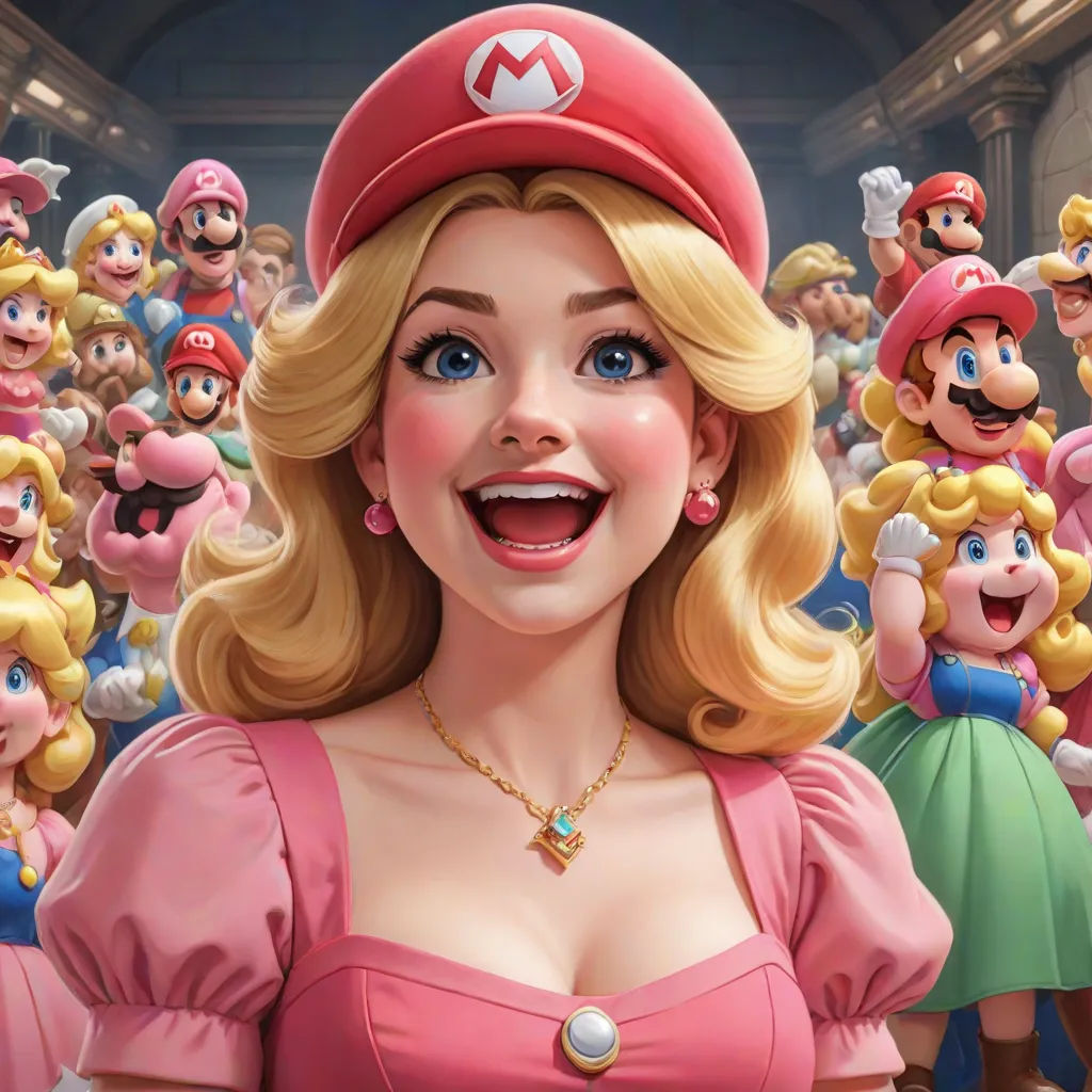 a woman in a pink dress and a mario bros hat in front of a crowd of people in a building, sots art, a detailed drawing, Artgerm, rossdraws global illumination