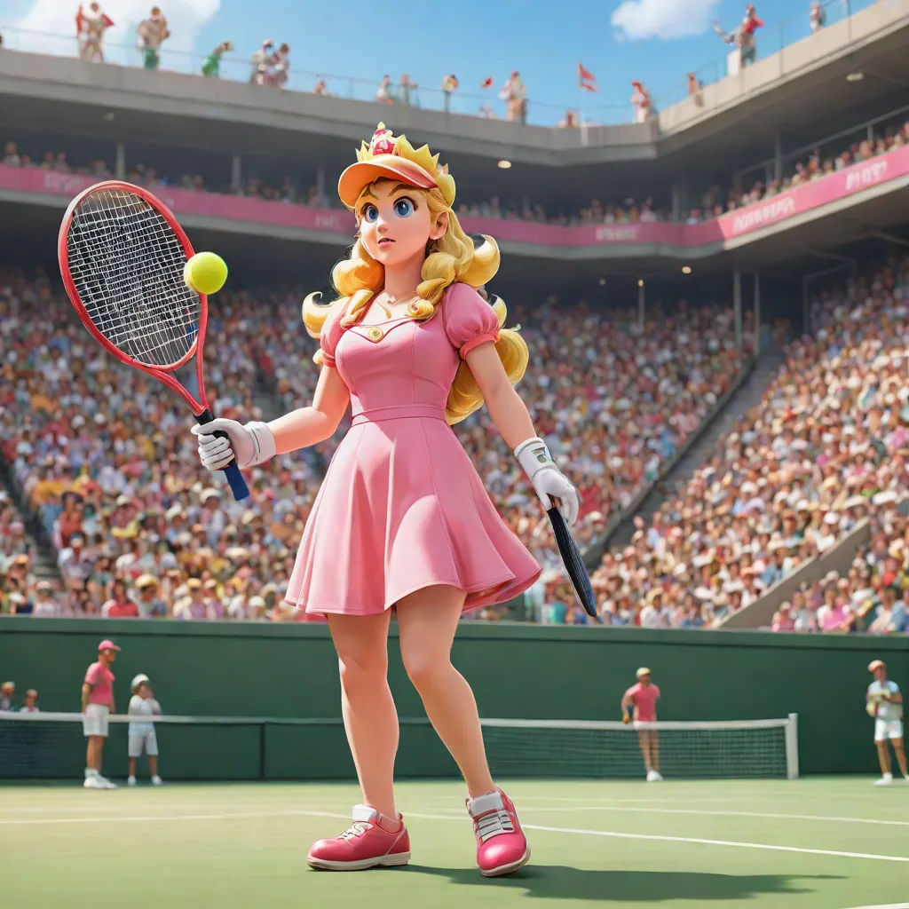 a woman in a pink dress holding a tennis racket and ball on a tennis court with a crowd of people in the stands, hyperrealism, concept art, Chris LaBrooy, official art