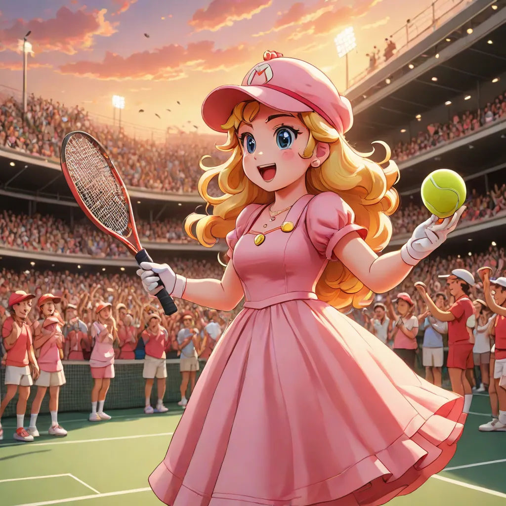 a woman in a pink dress holding a tennis ball and racket in front of a crowd of people, neoclassicism, concept art, Alice Prin, official art