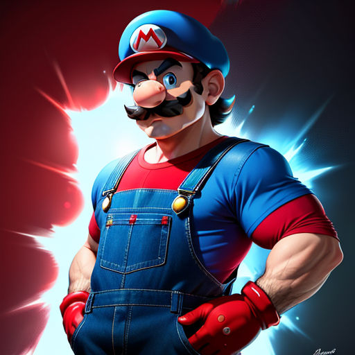 a man with a mustache and overalls standing in front of a red and blue background with a blue background