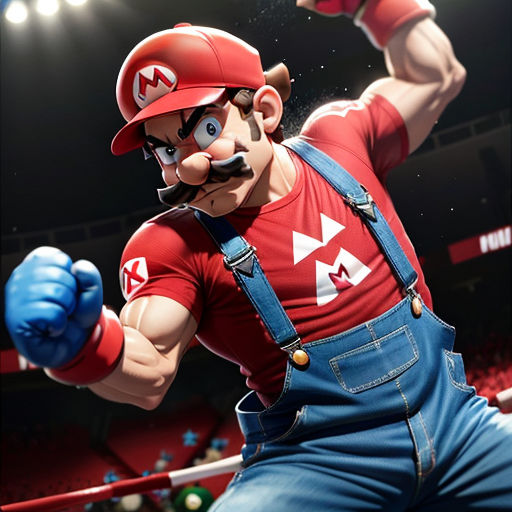 a nintendo character in a red shirt and blue overalls with a boxing glove on his hand and a boxing glove in his other hand