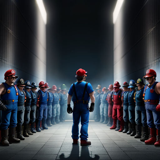 a group of people standing in a line in a hallway with lights on the ceiling and a man in a red helmet