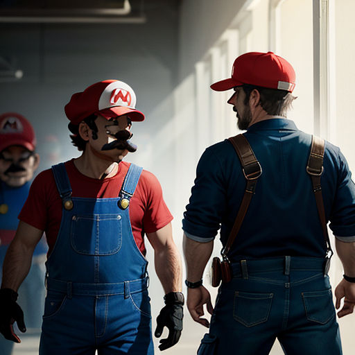 a group of men in mario bros costumes walking down a hallway together, with one man wearing a red hat and the other wearing a blue overalls