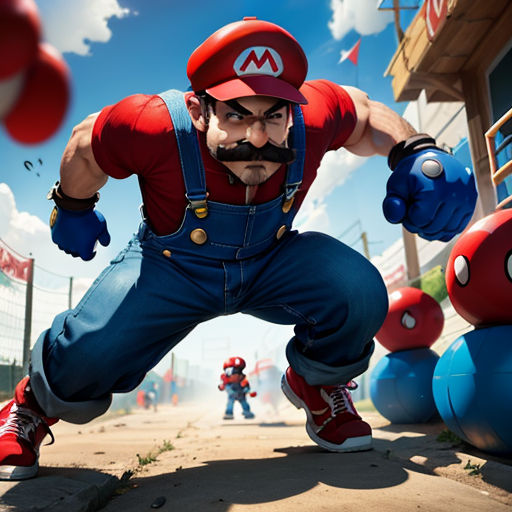 a man in a red hat and blue overalls is in front of a building with mario bros characters