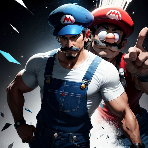 two men in overalls and hats pointing at something with their hands in the air and a star in the background