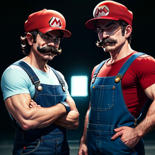 two men with mustaches and hats standing next to each other in overalls and overalls with their arms crossed