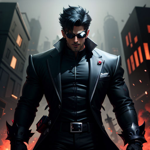 a man in a black suit and sunglasses standing in front of a cityscape with flames in the background