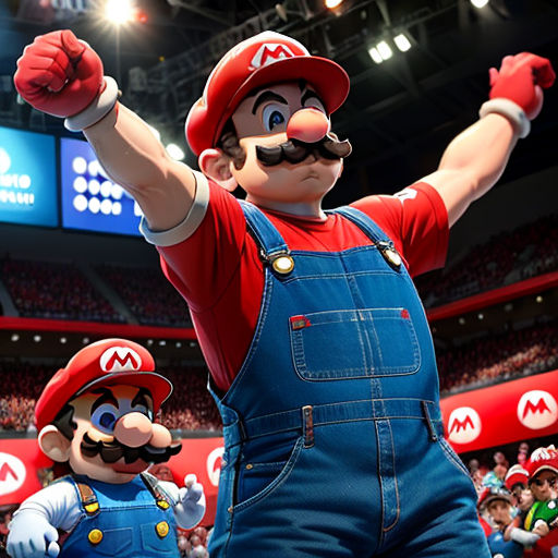 a man in overalls and a mario bros character in a stadium with a crowd of people in the background