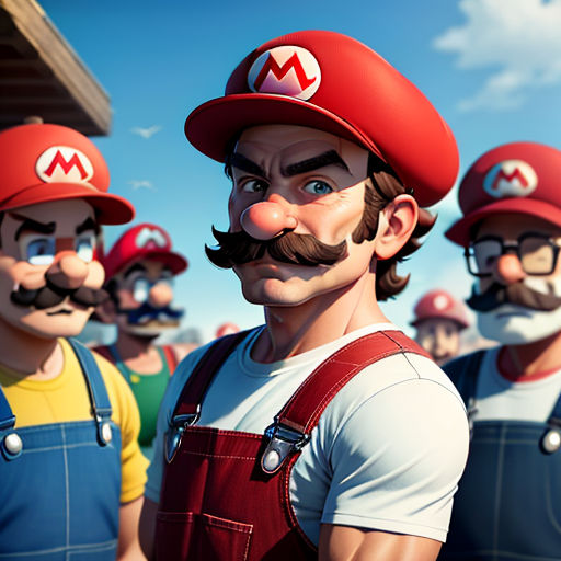 a group of people with mario bros hats on and beards on, standing in front of a building
