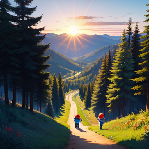 a painting of two children walking down a road in the mountains at sunset with the sun shining down on the mountains