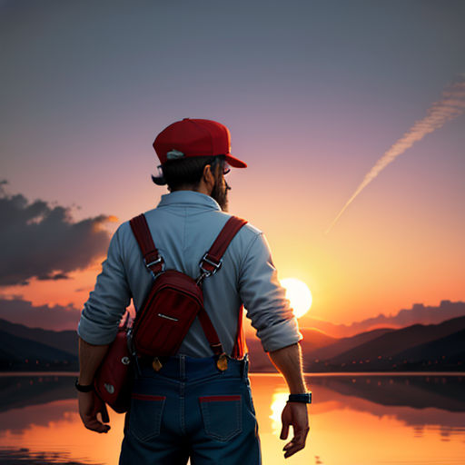 a man with a backpack standing in front of a lake at sunset with the sun setting behind him and a plane flying overhead