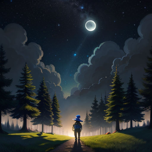 a man walking down a path under a night sky with a moon and stars above him and trees on the other side