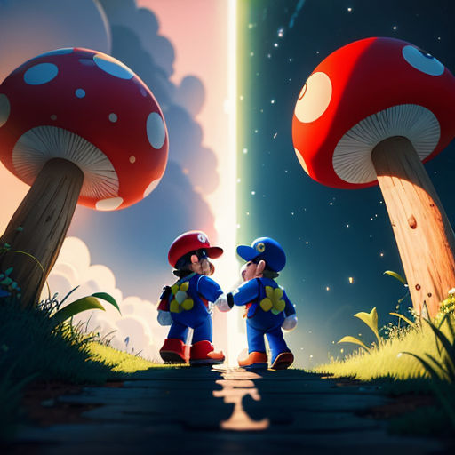 two mario brothers standing in front of a mushroom forest with a sky background and a bright beam in the middle
