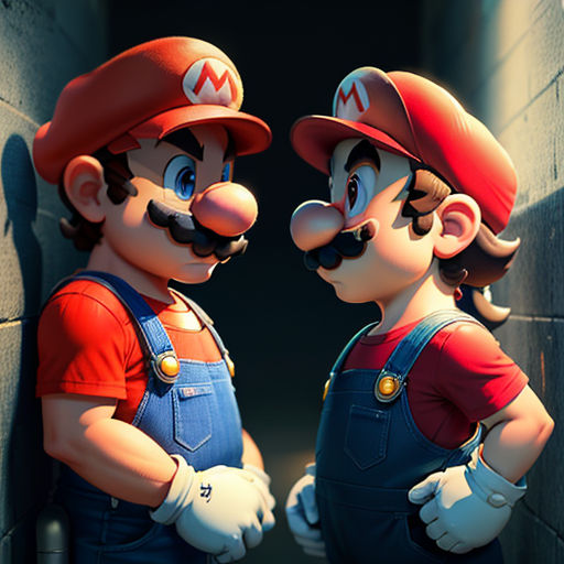 two cartoon characters are standing in a tunnel together, one is wearing overalls and the other is wearing a red shirt