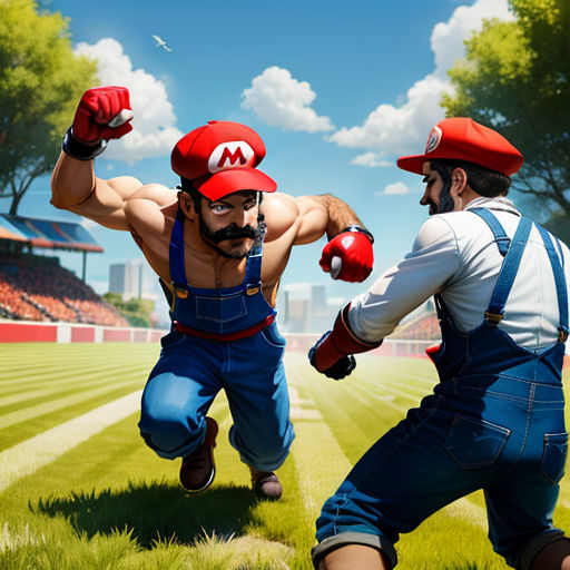 two men in overalls and red hats playing a game of boxing in a field with a stadium in the background