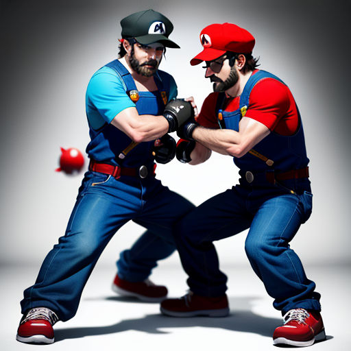 two men in mario and luigi costumes fighting each other with their hands together, with a gray background behind them
