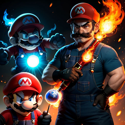 a man holding a nintendo wii game controller next to a man in a mario costume and a fireman
