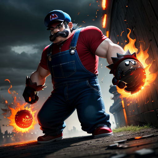 a man with a helmet and a mustache holding a ball and a glove in his hand and a fireball in his other hand