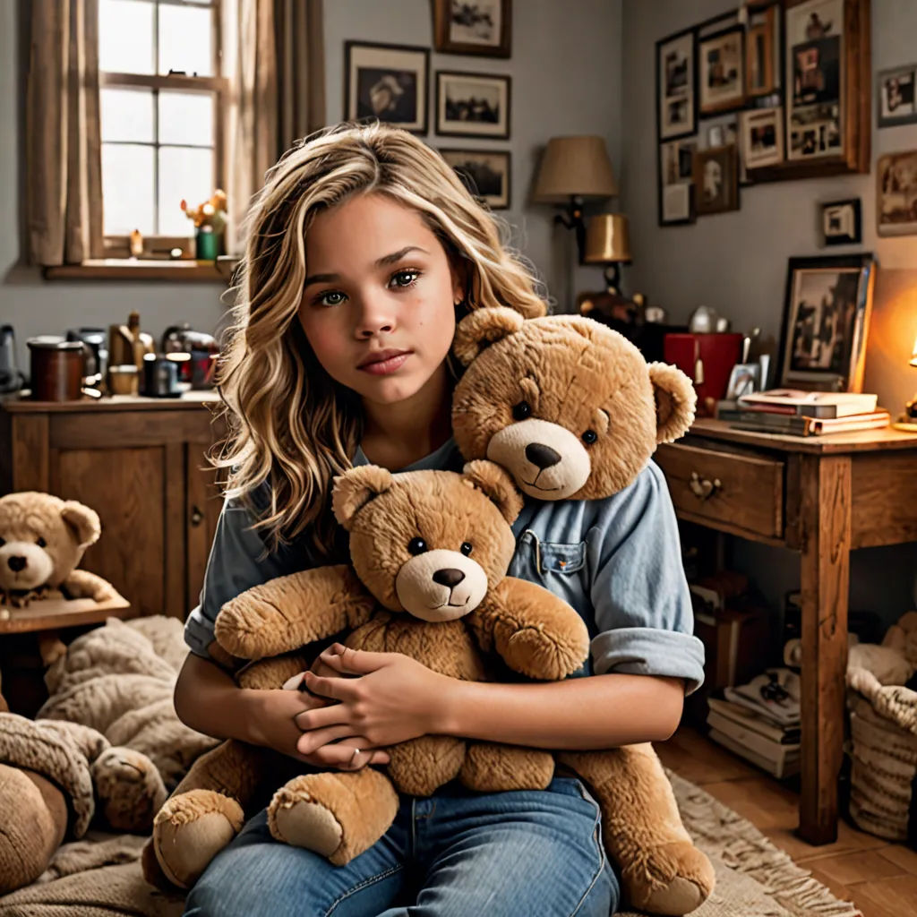 a woman sitting on a bed holding two teddy bears in her arms and looking at the camera with a serious look on her face, hyperrealism, a character portrait, Felix-Kelly, promotional image