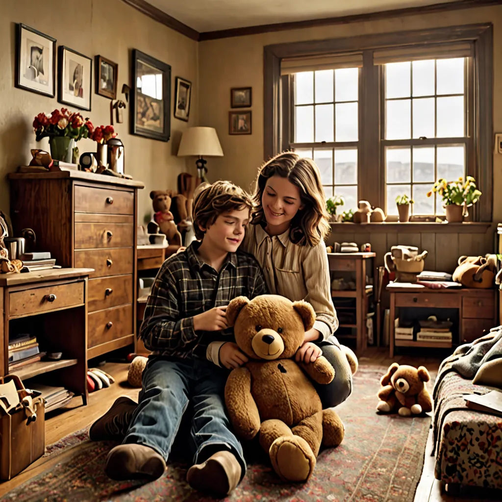 a woman and a boy sitting on the floor with a teddy bear in a room with a bed and dresser, visual art, a still life, Clarice Beckett, promotional image
