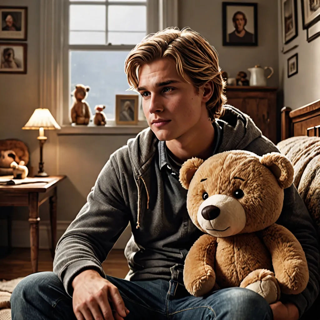 a man sitting on a bed with a teddy bear in his lap and a teddy bear in his lap, hyperrealism, a character portrait, Evan Charlton, promotional image