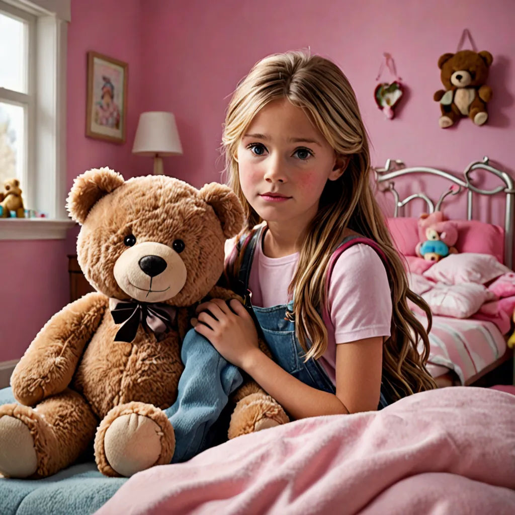 a girl sitting on a bed with a teddy bear in her hand and a pink wall behind her,, hyperrealism, a photorealistic painting, Christabel Dennison, promotional image