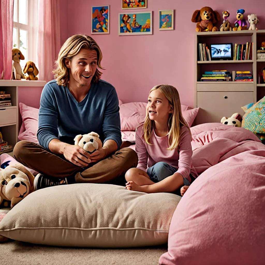 a man and a little girl sitting on a bed with stuffed animals in the background and a pink wall, arts and crafts movement, a storybook illustration, Christian Hilfgott Brand, promotional image