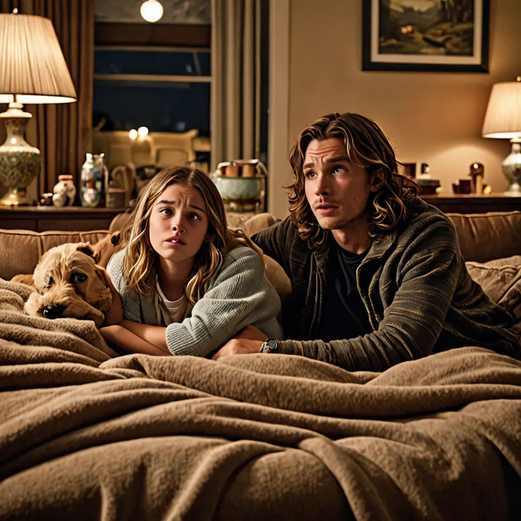 a man and a woman laying on a bed with a dog in their lap and a lamp on the wall, american realism, a poster, Cliff Childs, promotional image