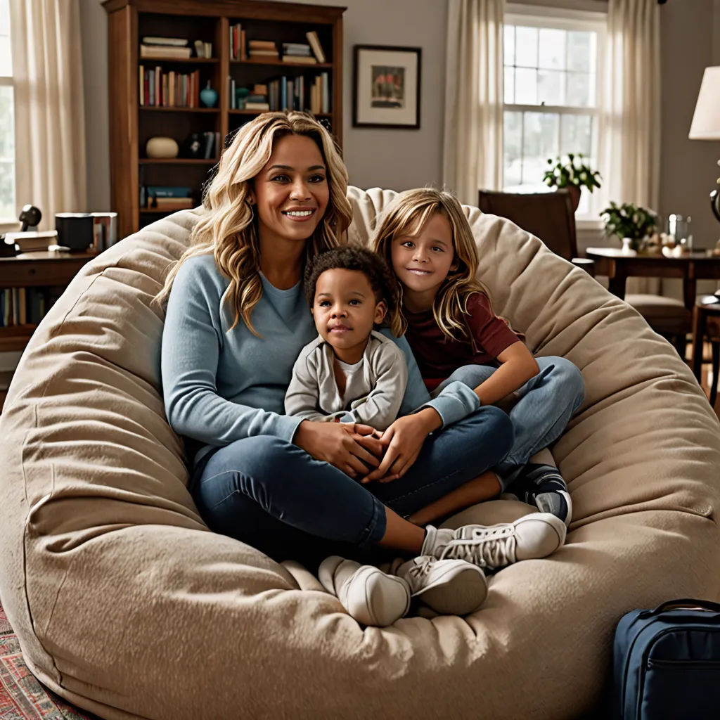 a woman and two children sitting on a bean bag chair in a living room with a rug on the floor, photorealism, a stock photo, Evelyn Abelson, promotional image