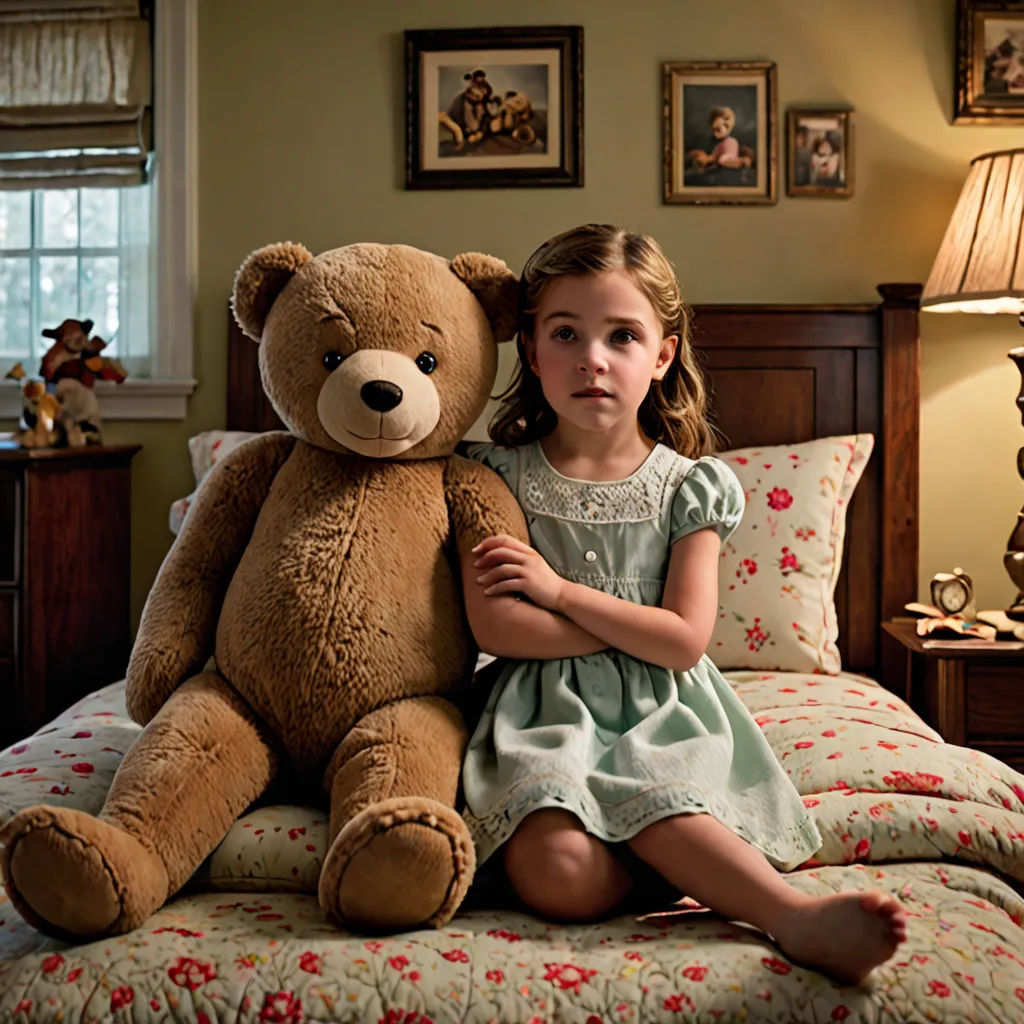 a little girl sitting on a bed with a large teddy bear on her lap and a lamp on the nightstand, art photography, a storybook illustration, Clarice Beckett, creepy