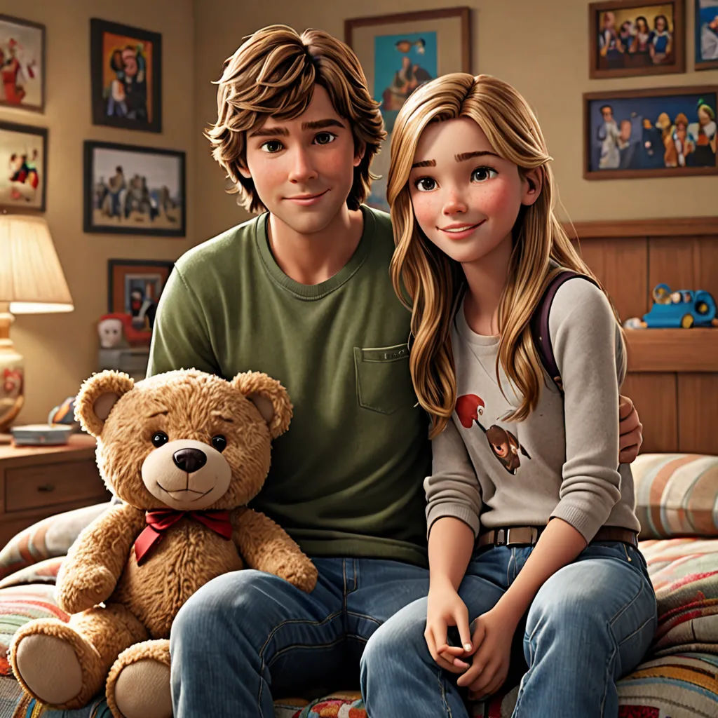 a boy and a girl sitting on a bed with a teddy bear in front of them and a lamp, photorealism, a photorealistic painting, disney, promotional image