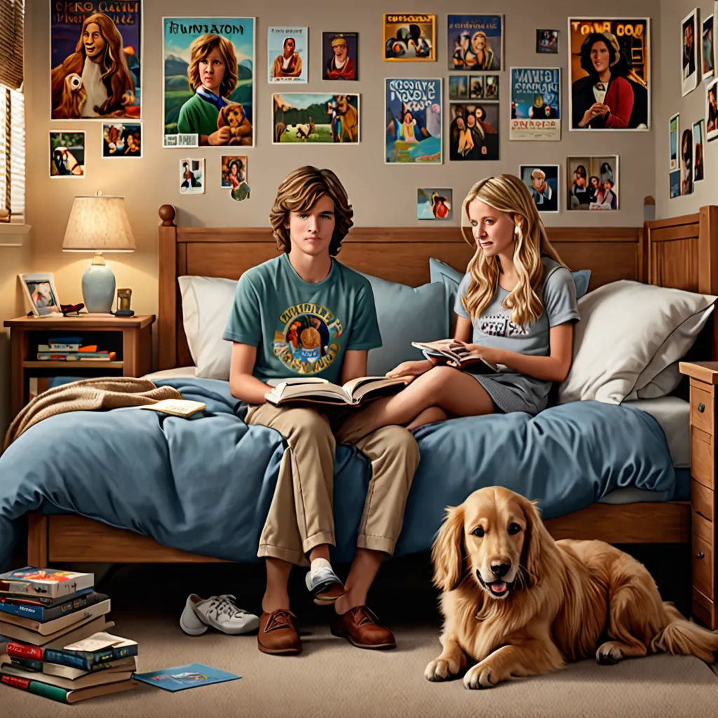 a boy and a girl sitting on a bed with a dog in front of them and a book in front of them, american scene painting, a storybook illustration, F. Scott Hess, promotional image