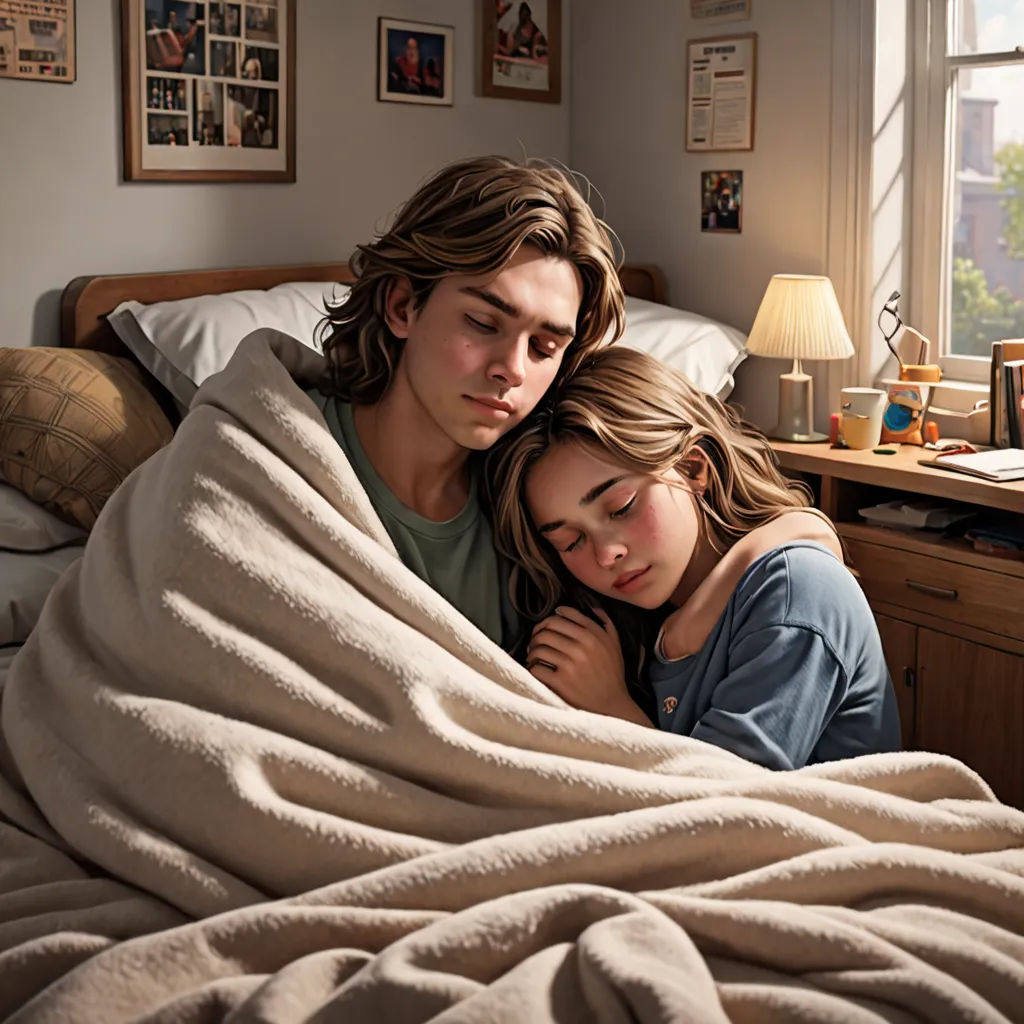a man and a woman wrapped in a blanket in a bed room with a window and a desk with a lamp, hyperrealism, a hyperrealistic painting, Bob Byerley, highly detailed digital painting