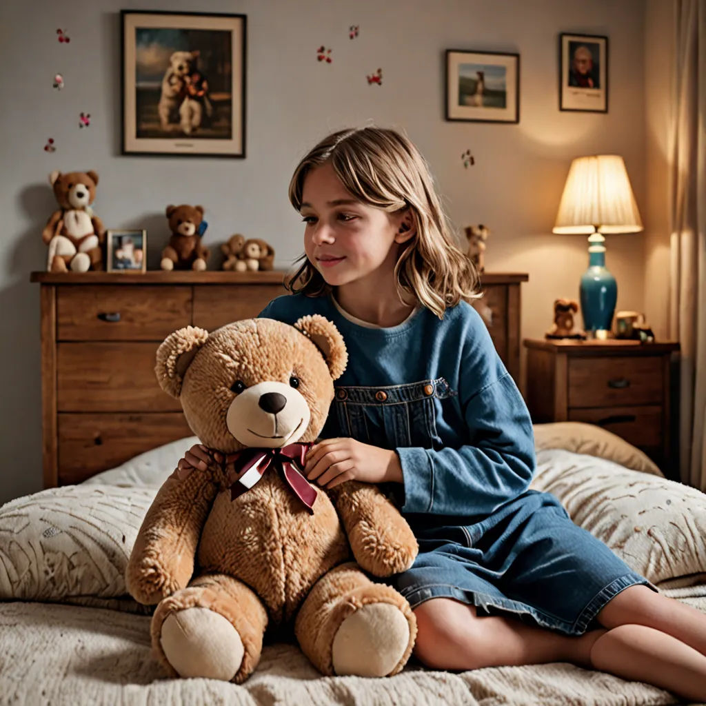a little girl sitting on a bed with a teddy bear in her lap and a teddy bear in her lap, photorealism, a stock photo, Clarice Beckett, promotional image