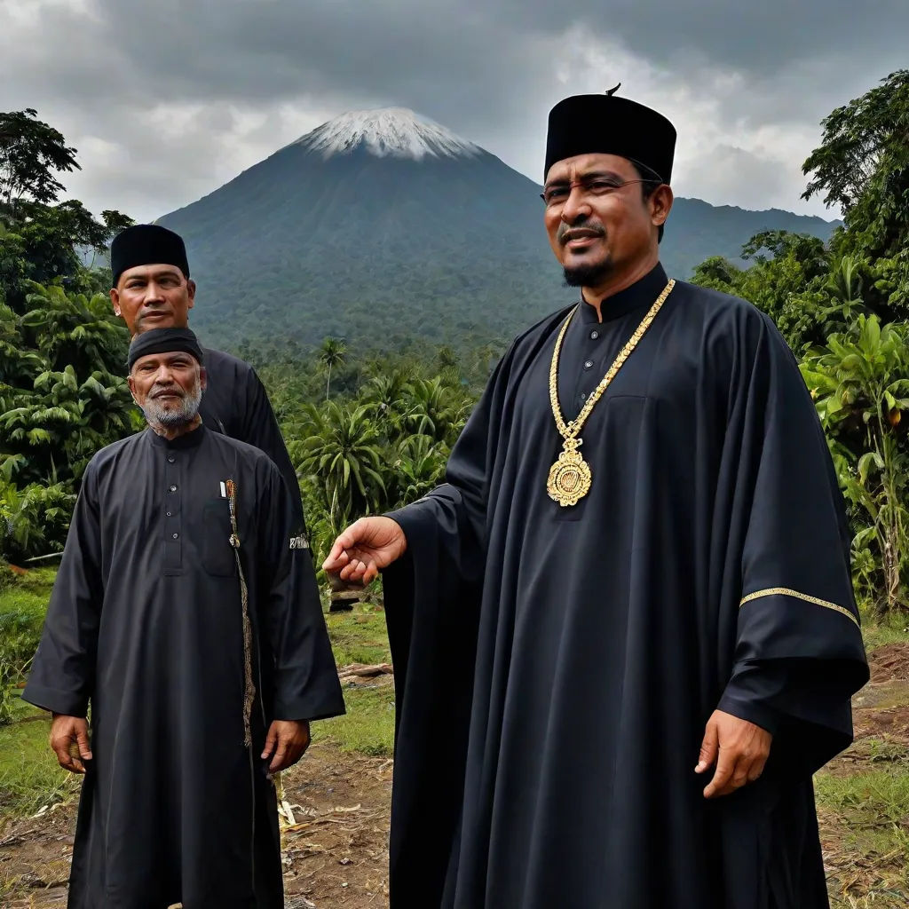 two men in black robes standing in front of a mountain with a cross on it's neck and a gold medal around his neck, Abidin Dino, sumatraism, a character portrait, promotional image