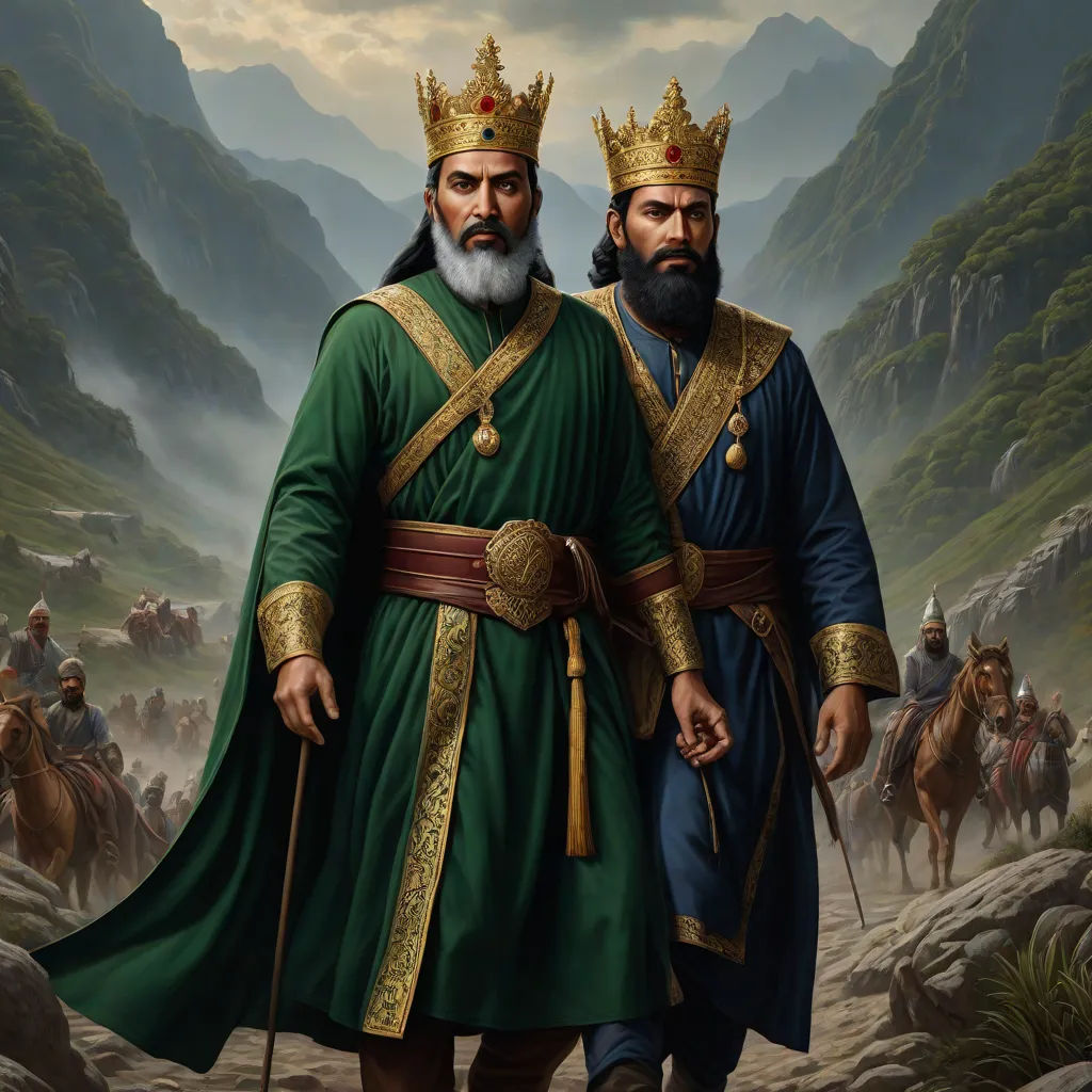 a painting of two men in green and gold outfits with a mountain background behind them and a cloudy sky, Altoon Sultan, qajar art, a detailed painting, highly detailed digital painting