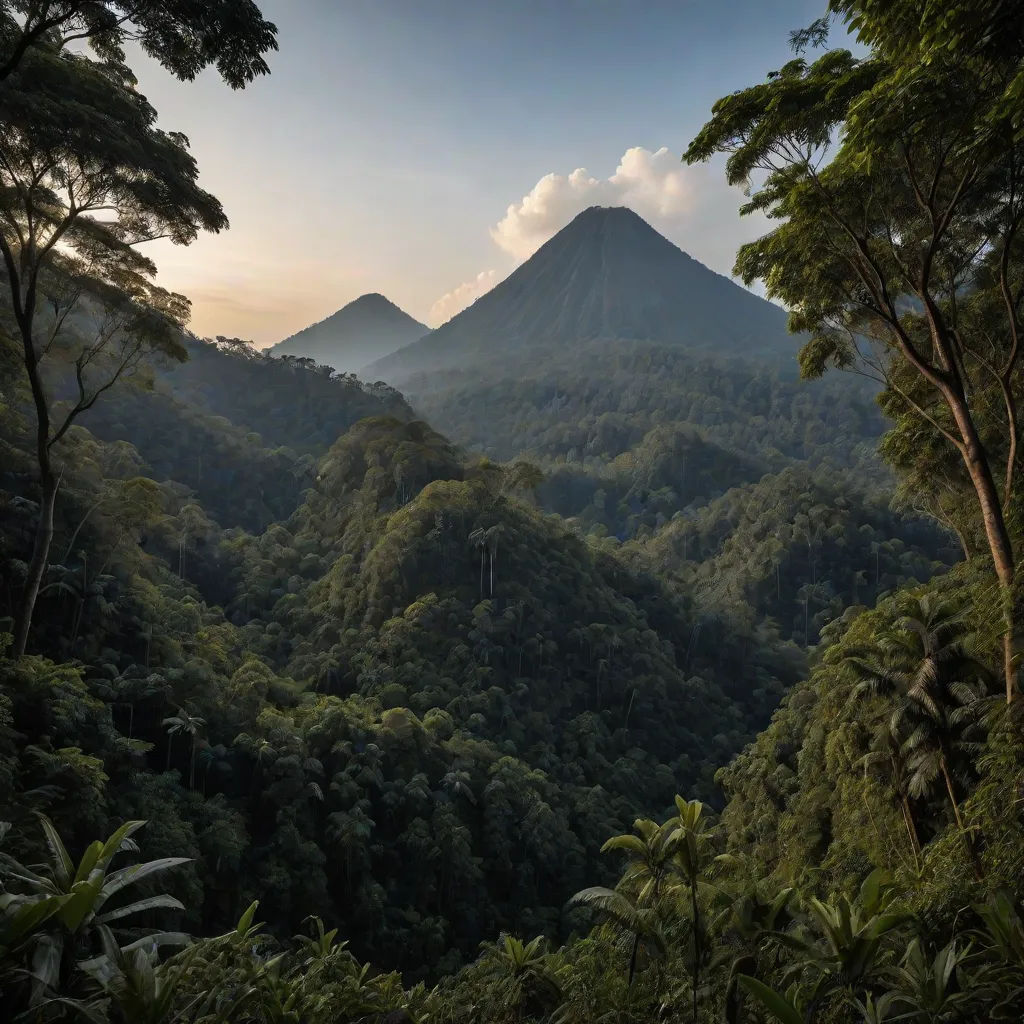 a mountain with a forest of trees and a sky background with clouds and sun rays coming down on the mountain, David Martin, sumatraism, a matte painting, jungle