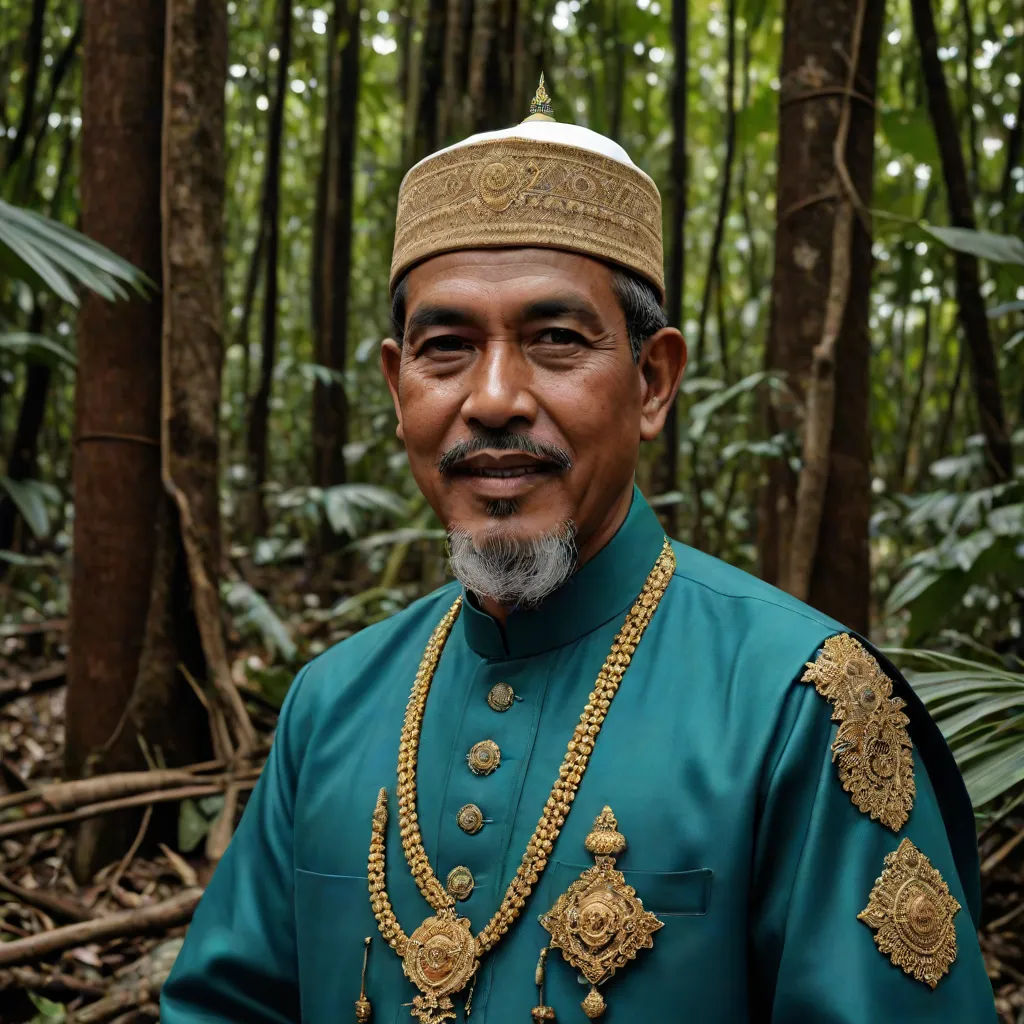 a man in a green outfit standing in a forest with trees in the background and a gold necklace on his neck, Abidin Dino, sumatraism, a character portrait, character portrait