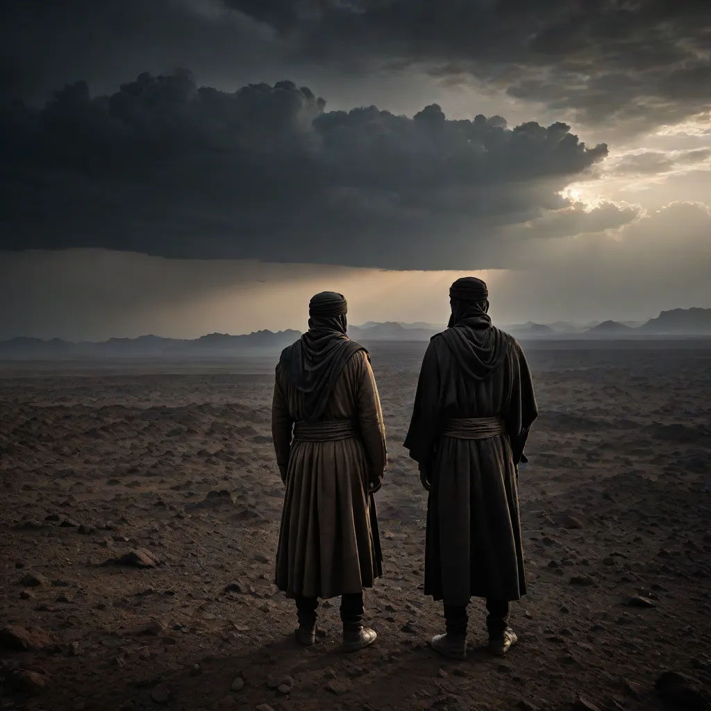 two men standing in the desert under a cloudy sky with a dark cloud in the background, with a dark sky in the background, Amir Zand, dau-al-set, a detailed matte painting, cinematic photography