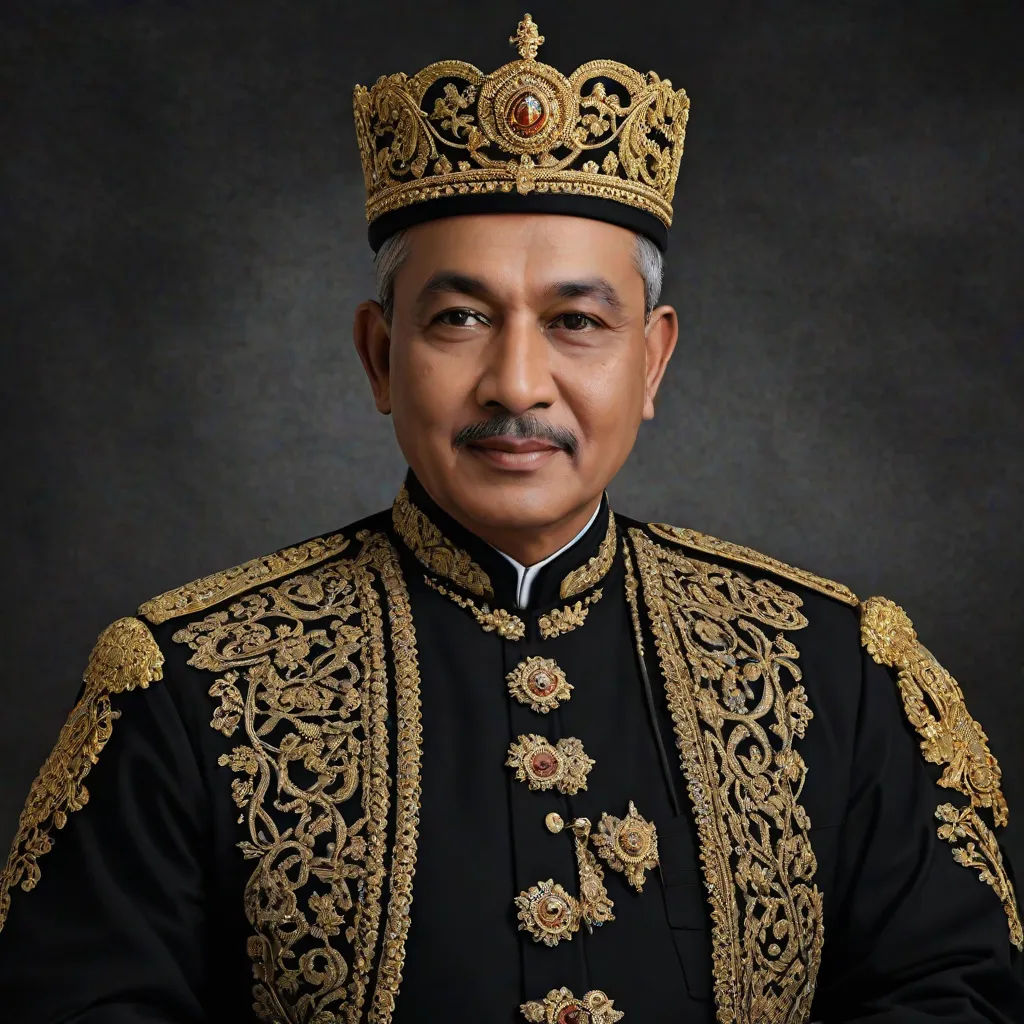 a man in a black and gold outfit with a crown on his head and a black background with a black backdrop, Basuki Abdullah, regionalism, a portrait, photograph
