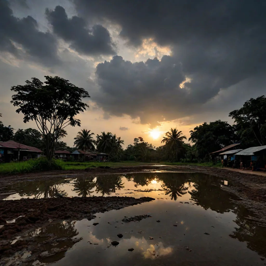 a sunset over a small pond with houses in the background and clouds in the sky above it, with a few trees in the foreground, Daniel Lieske, sumatraism, a matte painting, award - winning photography