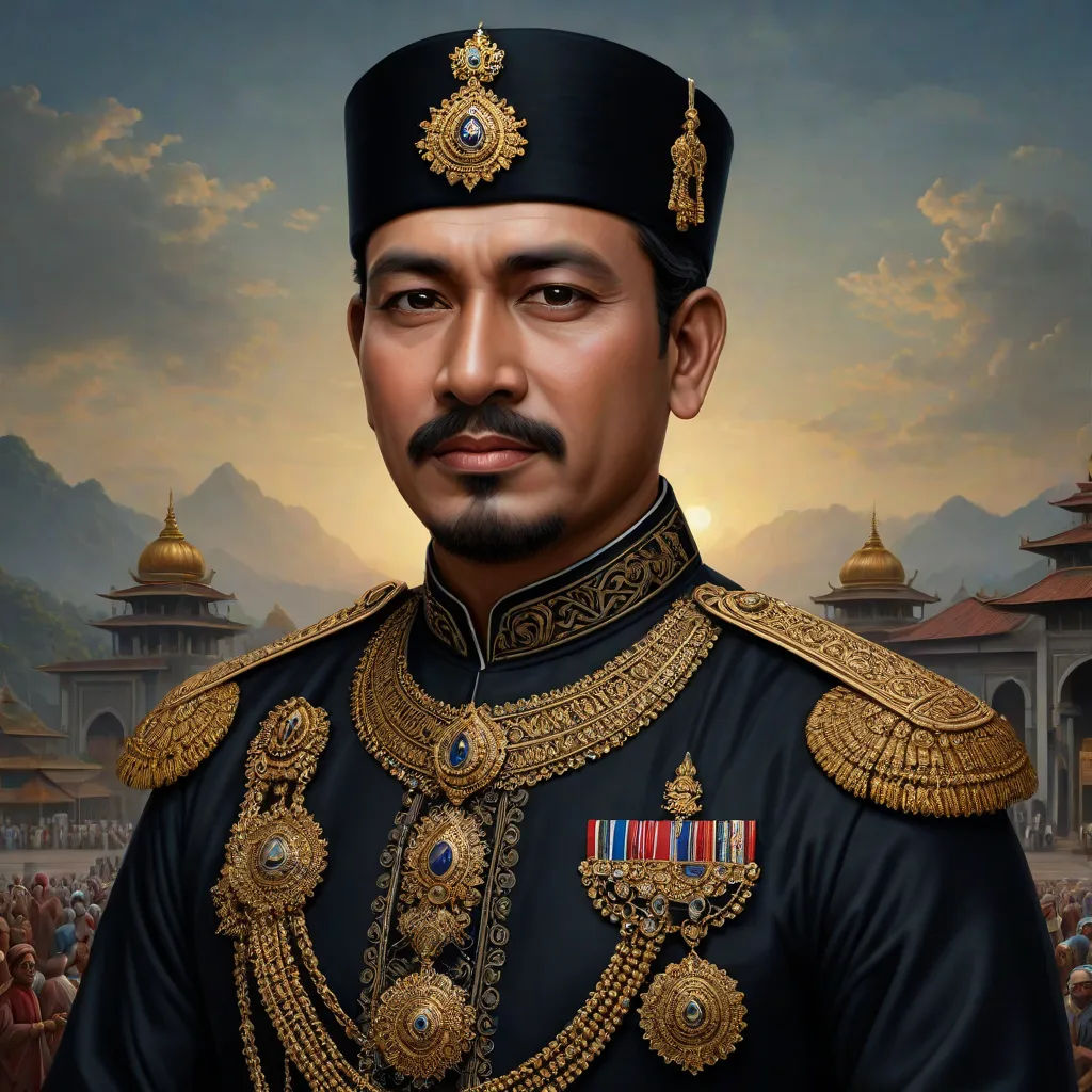 a painting of a man in a military uniform with a crowd in the background and a painting of a palace, Altoon Sultan, sumatraism, a detailed painting, highly detailed digital painting