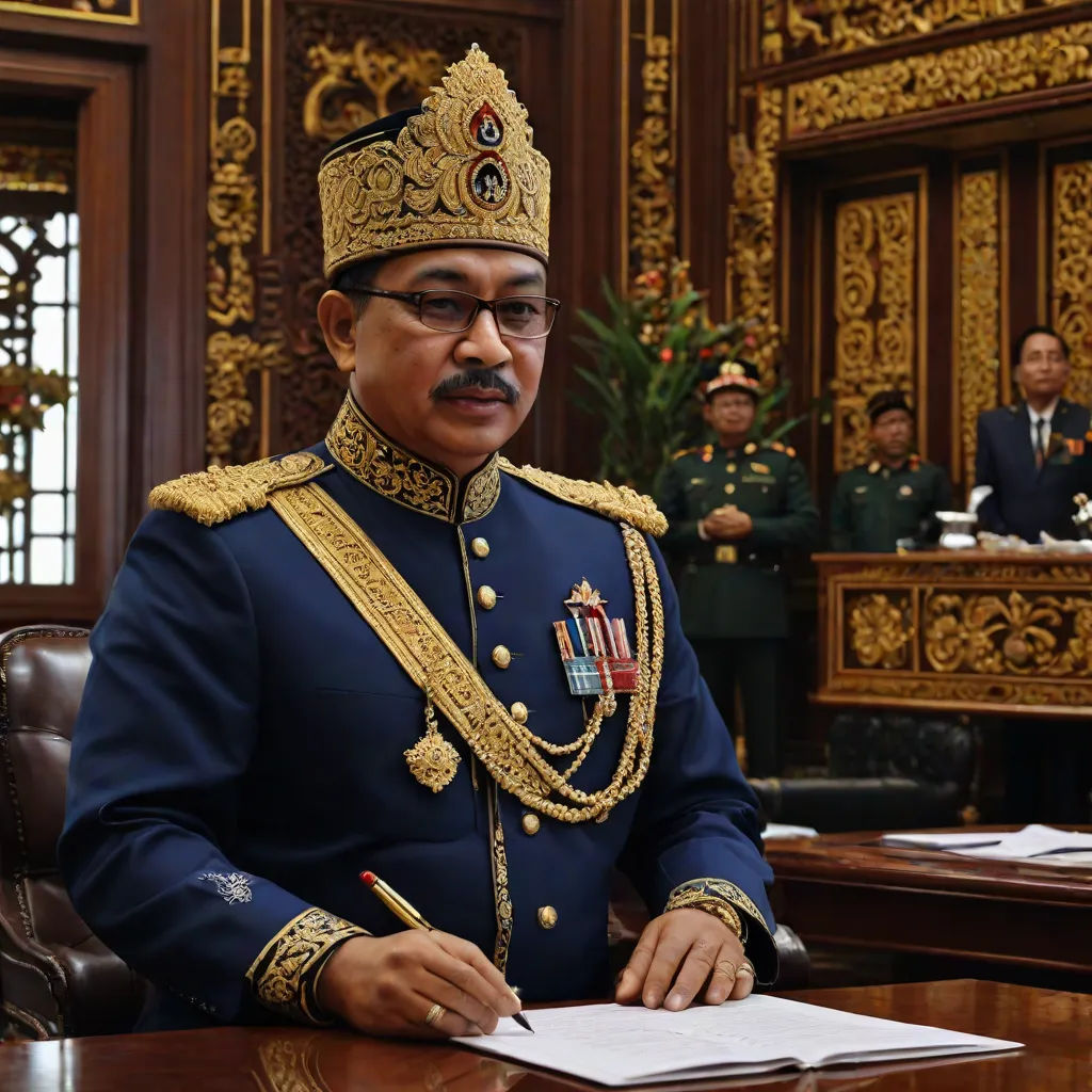 a man in a uniform sitting at a desk with a pen in his hand and a group of men in uniform behind him, Basuki Abdullah, sumatraism, a character portrait, photograph