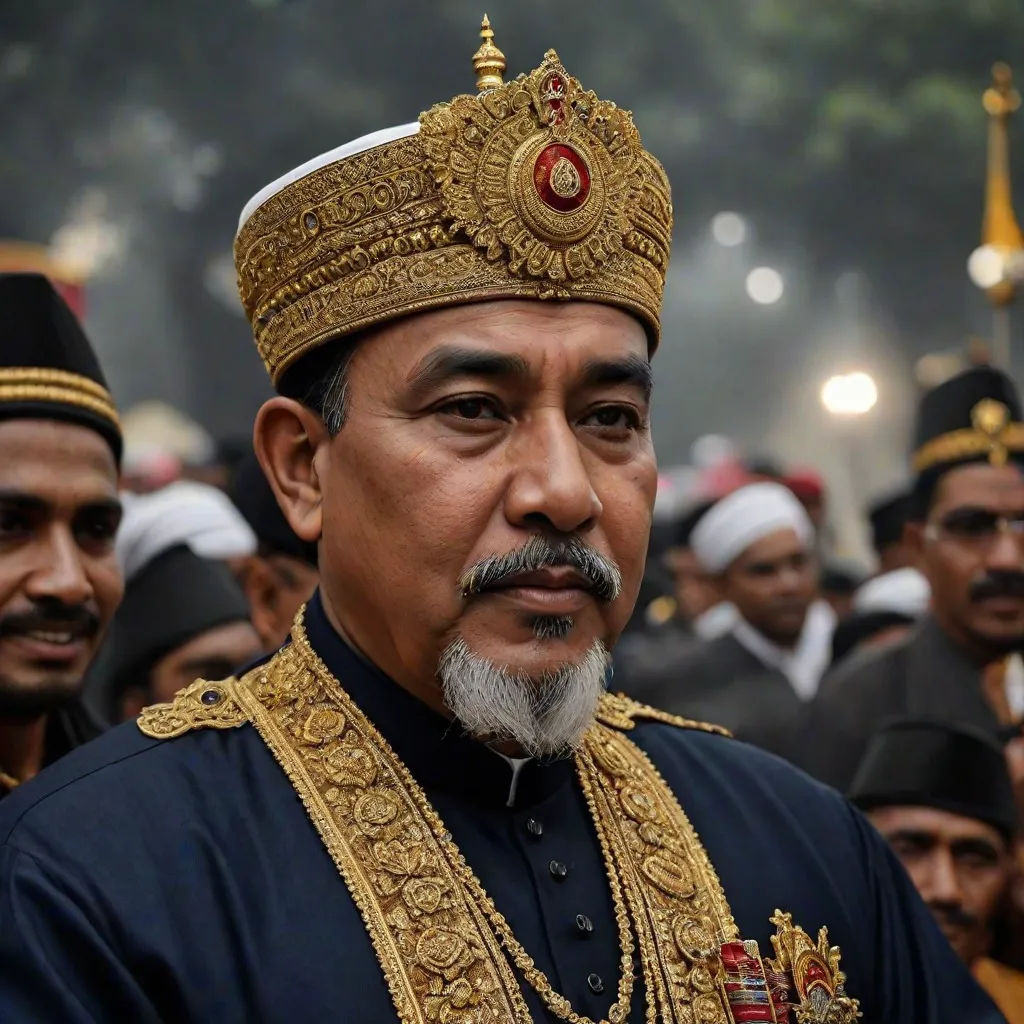 a man in a crown and a beard wearing a blue shirt and gold outfit with other men in black and gold outfits, Altoon Sultan, hurufiyya, a character portrait, regal