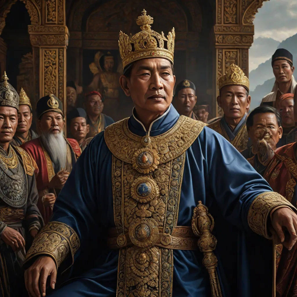 a painting of a man in a crown surrounded by other men in robes and hats, all wearing gold and blue, Emperor Huizong of Song, photorealism, a detailed matte painting, highly detailed digital painting