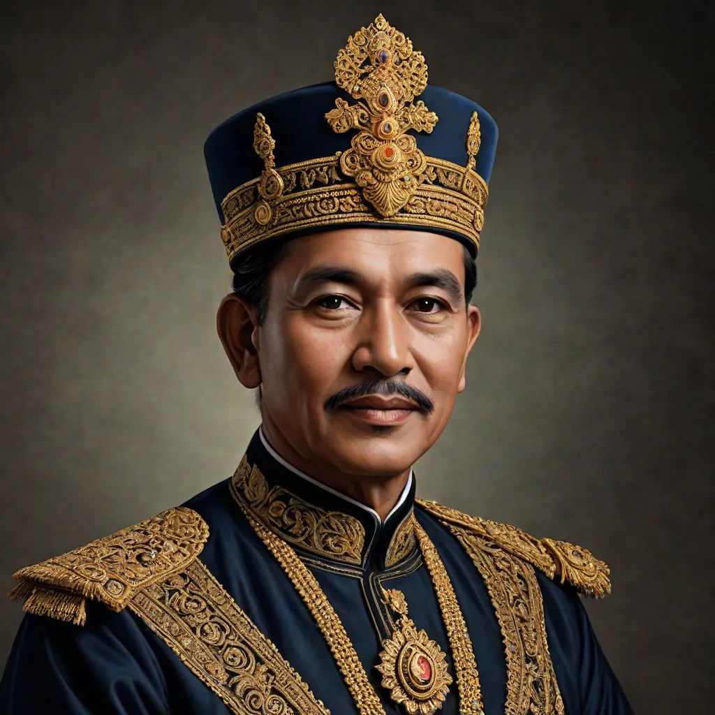 a man in a crown and a black shirt and a black background with a gold trim and a black background, Basuki Abdullah, regionalism, a character portrait, detailed portrait