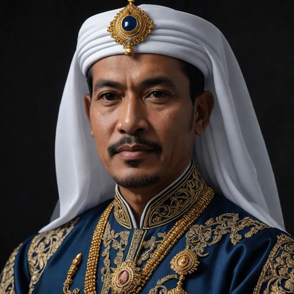 a man in a blue and gold outfit with a gold crown on his head and a white turban, Basuki Abdullah, sumatraism, a character portrait, regal